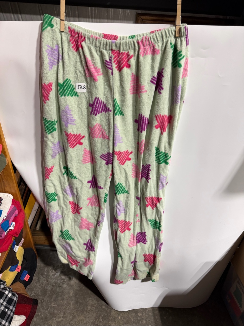 #3708-Kids Mint Green Fleece Pajama Pants with Pink & Purple Star Scribble Print